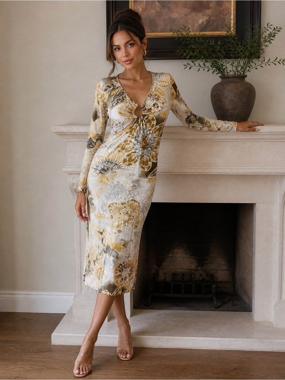 Roberto Cavalli Long Sleeve Twist-Front Dress in Gold and Cream